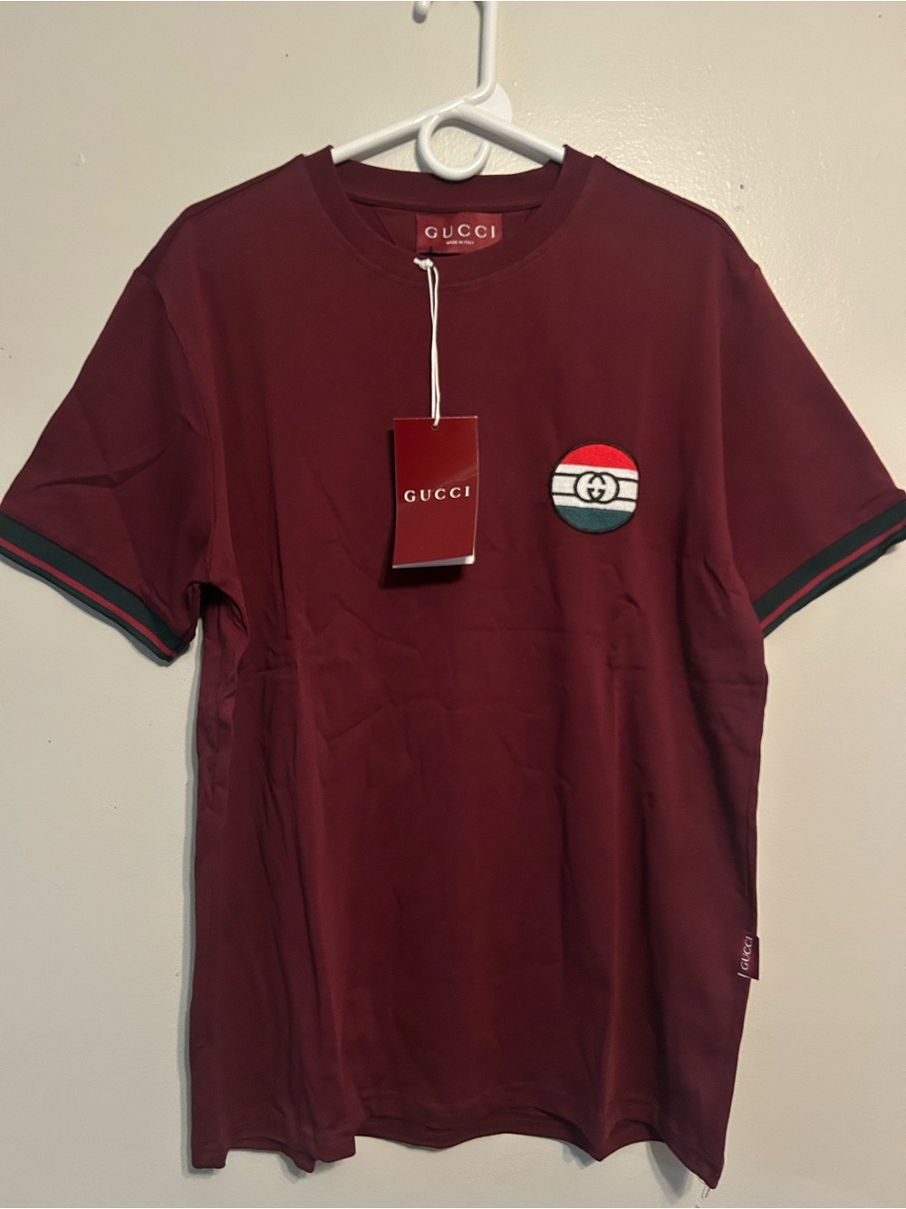 Gucci Short-Sleeve Burgundy Tee with Striped Chest Patch